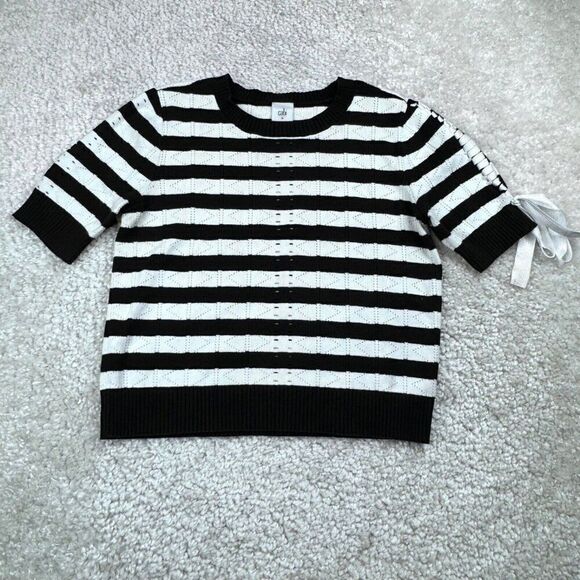 Cabi Runaway Pullover Striped Knit Short Sleeve Lace Up Sweater - Picture 2 of 8